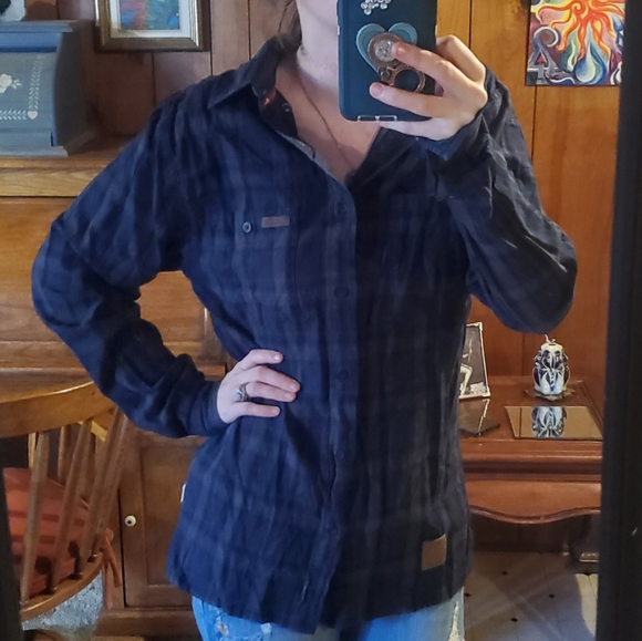 Indian Motorcycle navy blue gray and black plaid button down longsleeve shirt. - Picture 9 of 16